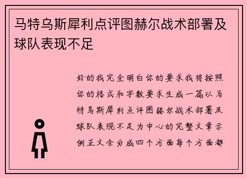 马特乌斯犀利点评图赫尔战术部署及球队表现不足